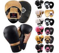 MAX STRENGTH Boxing Gloves & Focus Pads Set for Kickboxing MMA Muay Thai | Punching Glove with Curved Boxing Pads For Adult Kids Men & Women (Golden/Black Focus Pad With Black/Gold Gloves, 8oz)