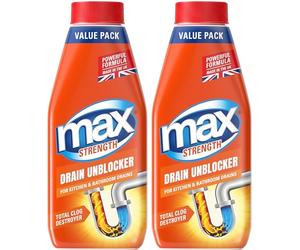 Max Strength Drain Unblocker, 2 x 1L - Heavy Duty Sink, Shower, Bath, Plughole Unclogger Cleaner for Kitchen and Bathroom Drains - Fast Acting & Easy to Use