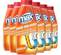 Max Strength Drain Unblocker 500ml, 6 Pack - Kitchen & Bathroom Sink Unblocker for Showers, Sinks, Basins, Baths - Heavy-Duty Plug & Drain Cleaner