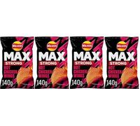 Max Strong Hot Chicken Wings Sharing Crisps 4 x 140g,Max Strong Hot Chicken Wings Crisps,Irresistible, hot and spicy deep-ridged crisps for a bolder taste experience,This sharing bag is the ideal snac