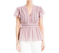 Max Studio Women's Crepe V-Neck Flutter Sleeve Peplum Blouse, Red Tulip Rows, L