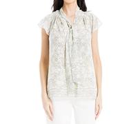 Max Studio Women's Georgette Flutter Sleeve Front Tie Blouse, Ivory/Black Traced Daisy, L