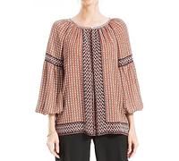 Max Studio Women's Long Sleeve Front Inverted Pleat Blouse, Black/Brown Geo Batik, L
