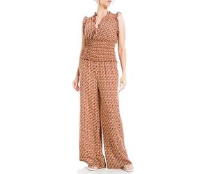 Max Studio Women's Sleeveless V-Neck Shirred Smocked Waist Wide Leg Jumpsuit, Terra Cotta Batik Daisy, L