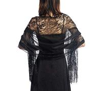Max-Tonsen Lace Shawl 185X63Cm Womens 1920S Scarf Wraps Hollow Out Crochet Floral Lace Fringed Tassels-Black