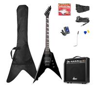 MAX V-Style Beginner Electric Guitar Starter Kit, Black, Amp & Case | 6 months lessons, comfortable grip, strap included, sl esign