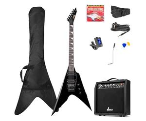 MAX V-Style Beginner Electric Guitar Starter Kit - Complete Electric Guitar Pack with Amplifier, Strap, and Case - Perfect for Beginners - Black V Guitar with 6 Months Lessons