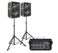 MAX12 12" PA System with Mixer, Dual Passive Speakers, Speaker Stands, and Cables - Powered 8-Channel Mixer, Bluetooth, USB, For Bands, Singers, Churches and Events