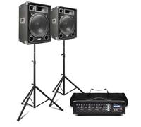 MAX15 Complete 15" Passive PA System for Bands, Singers or Church: 2x 1000W 3-Way Passive Speakers, 4-Channel Mixer Amplifier with Bluetooth, 2 Tripod Stands & 6m Speaker Cables