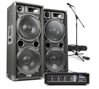 MAX212 Dual 12" Passive PA Speaker System with 4 Channel Mixer Amplifier, Microphone & 6m Cables - Complete Band, Vocalist & Church Audio Setup, 1400W Speakers, Bluetooth, Echo, Stand, Bag