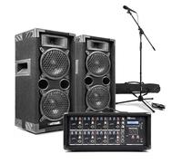 MAX26 Dual 6" Passive Speaker PA System with 8-Channel Powered Mixer, Microphone, Mic Stand & Cables - Complete PA Solution for Bands, Singers, Churches, and Events