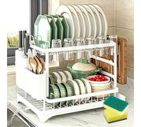 MAXALANCE 2 Tier Dish Drainer Rack Cutlery Holder Plate Rack Kitchen Sink with Drip Tray, 2 Extra Dishwashing Sponges (White)