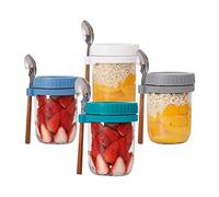 maxant Overnight Oats Jars with Lids and Spoon, 4Pcs Reusable Airtight Mason Oatmeal Cup Container, Wide Mouth Breakfast Pots, Glass Yogurt Pots for Salads Cereal Milk Fruit Vegetable (350ml)