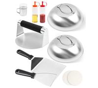 MaxAwe 10Pcs Smash Burger Set, Stainless Steel Grill Cooking Kit with 2Basting Covers, 2Grill Spatulas, 2Squeeze Bottles, Burger Press, Spice Shaker&100 Discs, Smasher Grill Set for Flat Top Griddle