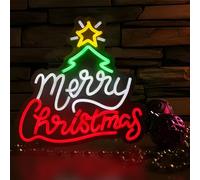 MaxAwe Merry Christmas with Christmas Tree and Stars Led Neon Lights Sign, 33 * 32cm Acrylic Powered by USB with Switch Colorful Neon Light Sign for New Year, Christmas Party, Holiday Decoration Gift