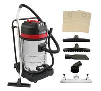 Industrial Vacuum Cleaner 80L Wet & Dry 5 Attachments Commercial Cleaning 3000W Triple Motor Stainless Steel Cloth Filter 1.5m Hose 9m Cable Bagless or Bagged 3 x FREE Hoover Bags