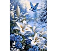 MAXBYE 5D Diamond Painting Art Blue Birds Kits Adults, DlY Flowers with Snow Round Full Drill Diamond Art Kits, Gem Cross Stitch Easy Kits for Beginner Crystal Art Crafts Home Wall Decor 12x16 Inch