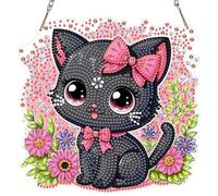 MAXBYE Black Kitten Diamond Art Hanging Kits for Adults, Flowers Diamond Painting Hanging Ornaments with Chain, DIY Special Shaped Gem Pendant Crystal Craft Gifts for Home Wall & Window Decor 20x20cm