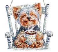 MAXBYE Diamond Art Hanging Kits for Adults, Diamond Painting Hanging Ornaments with Chain, DIY Puppy Holding Coffee Special Shaped Gem Pendant Crystal Craft Gifts for Home Wall & Window Decor 20x20cm