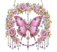 MAXBYE Diamond Painting Art Hanging Pendant Kits Adults, Pink Butterfly Garland Crystal Ornaments with Chain, DIY Gem Special Shaped Pendants Art Craft Decoration for Home Wall & Window 20x20cm