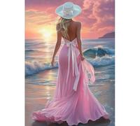 MAXBYE Diamond Painting Art Kits, 5D Lady Painting Diamond Art Kits Round Full Drill Gem Cross Stitch for Adults Beginner, DIY Seaside Sunset Crystal Craft Holiday Gifts Home Wall Decor 30x40cm