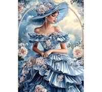 MAXBYE Diamond Painting Kit Adults, 5D Diamond Art Gem Art Cross Stitch for Beginner, DIY Vintage Blue Dress for Woman Round Full Drill Crystal Craft Gifts Home Wall Decor 30x40cm