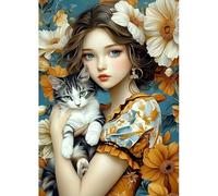 MAXBYE Diamond Painting Kits, 5D Diamond Art Kits Round Full Drill Gem Cross Stitch for Adults Beginner, Pretty Woman & Kitten DIY Crystal Craft Gifts Home Wall Decor 30x40cm