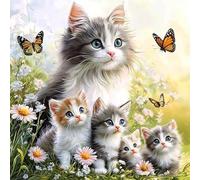 MAXBYE Diamond Painting Kits for Adults, 5D Kitten Family Diamond Art Kits DIY Full Drill Animal Gem Art for Beginner, Butterfly Crystal Cross Stitch Craft for Home Wall Decor Christmas Gifts 30x30cm
