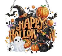 MAXBYE Halloween Diamond Art Hanging Kits for Adults, Ghost Diamond Painting Pendant with Chain, DIY Special Shaped Black Cat Gem Hangings Crystal Craft Gifts for Home Decor 20x20cm