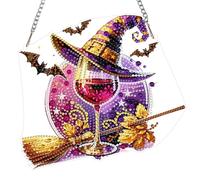 MAXBYE Halloween Diamond Art Hanging Kits for Adults, Witch's Hat Diamond Painting Pendant with Chain, DIY Special Shaped Red Wine Gem Hangings Crystal Craft Gifts for Home Decor 20x20cm