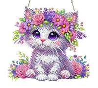 MAXBYE Kitten Diamond Art Hanging Kits for Adults, Flowers Diamond Painting Hanging Ornaments with Chain, DIY Special Shaped Gem Pendant Kits Crystal Art Craft Gifts for Wall & Window Decor 20x20cm