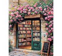 MAXBYE Paint by Numbers Kits for Adults, Bookstore DIY Adults Painting by Numbers, Pink Roses Canvas Oil Colors Painting with Paint Brushes Acrylic Pigment, Home Decor Gifts Without Frame 40x50 cm