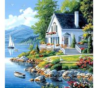 MAXBYE Paint by Numbers Kits for Adults Landscape, Painting by Numbers on Canvas, Lakeside House DIY Colors Oil Painting with Paint Brushes Acrylic Pigment, Home Decor Gifts Without Frame 40x40 cm
