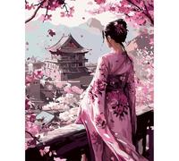 MAXBYE Painting by Numbers Kits for Adults, Ancient Lady Paint by Number on Canvas for Beginners, Pink Flowers Easy Oil Painting Acrylic Pigment Drawing Home Wall Decor Gifts Without Frame 40x50 cm