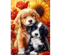 MAXBYE Two Puppies Diamond Painting Art Kits Adults, DIY Poppy Round Diamond Art Full Drill Kits, 5D Gem Cross Stitch Easy Kits for Beginner Crystal Art Crafts Home Wall Decor 12x16 Inch
