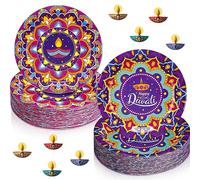 Maxcheck 100 Pcs Happy Diwali Round Paper Plates 7 Inch Design for Party, Holiday, Birthday Dessert - Colorful Indian Disposable Plates for Table Decoration, 2 Styles