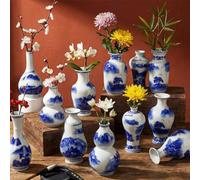 Maxcheck 12 Pcs Small Blue and White Vase Mini Porcelain Chinoiserie Bud Vase Vintage Ceramic Oriental Handmade Chinese Flower Jardiniere for Home Office Shelf Table Centerpieces Decor(Stylish)