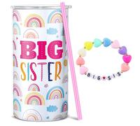 Maxcheck 2 Pcs Big Sister Gift 12 oz Pink Big Sister Cup Stainless Steel Tumbler with Leak Proof Lid and Straw Baby Mug Bracelet Announcement Jewelry for Little Girl Toddler