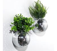 Maxcheck 2 Pcs Disco Ball Planter 4.7 Inch Mirror Disco Ball Wall Hanging Planter Glass Vase Boho Flower Pots Plant Terrariums for Indoor Outdoor Home Decorations (Silver)