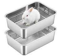 Maxcheck 2 Pcs Large Rabbit Litter Box, Stainless Steel Rabbit Litter Pan with 2 Grids, High Side Bunny Toilet Tray Potty Training Pan for Rats, Ferret, Bunny, Small and Medium Animals, Easy Cleaning