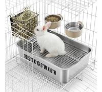 Maxcheck 5 Pcs Large Stainless Steel Rabbit Litter Box Bunny Litter Pan with 2 Pcs Pet Hanging Bowl and Hay Feeder for Rabbits Bunny Guinea Pigs
