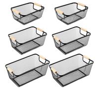 Maxcheck 6 Pack 3 Size Metal Wire Baskets with Wooden Handles Black Steel Mesh Storage Dog Toys Bins Organizer Containers for Home Pet Toys Storage Cabinets Pantry Closet Kitchen Makeup Rectangle