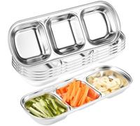 Maxcheck 6 Pcs Soy Sauce Dish Stainless Steel Divided Dip Bowls Korean 3 Compartment Sauce Plate Seasoning Dipping Condiment Tray for BBQ Vinegar Spice Salt Sugar Flavor Home Restaurant (Silver)