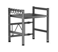 Maxcook 2-Tier Expandable Carbon Steel Over Microwave Shelf, Countertop Kitchen Utensils & Tableware Storage Rack with 5 Hooks, 39~62*33*47 cm, Gray MCZW1185