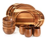 Maxdot 16 Pcs Acacia Wood Dinnerware Set Round Wooden Dinner Plates, 8 10 Inch, 4 of Each Size, Handmade Acacia Wood Round Bowl, 5 Inch, Set of 4, Natural Solid Wooden Tea Cups, 6 Oz, Set of 4