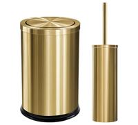 Maxdot 2 Pcs Gold Bathroom Trash Can with Flipping Lid 2.4 Gallon/9.1 L and Toilet Brush Set, Small Stainless Steel Garbage Trash Can Toilet Cleaner Brush Wastebasket Bin for Bathroom Bedroom Office