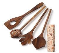 Maxdot 4 Pcs Autumn Themed Wooden Spoons Utensils Set 12 Inch Natural Acacia Wooden Spoons Fall Pumpkin Cooking Utensil Spatula Kitchen Cookware Gadget Kit Housewarming Gift Funny Autumn Party Supply