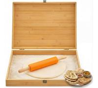Maxdot Bamboo Roti Box with Lid and Roller for Rolling Roti 19.7 x 15.8 x 3 Inches Non Slip Kneading Board for Kitchen