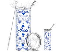 Maxdot White Blue Bride Tumbler Bride to Be Gift Bachelorette Cup Wedding Gift 20 oz Tumbler with Lid and Straw Bachelorette Party Supply Wedding Morning Drinkware Weekend Bridal Bach Party Decor
