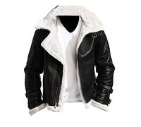 MAXDUD Men’s Bomber Aviator Hooded B3 RAF Flying Pilot White Faux Fur Shearling Sheepskin Leather Jacket